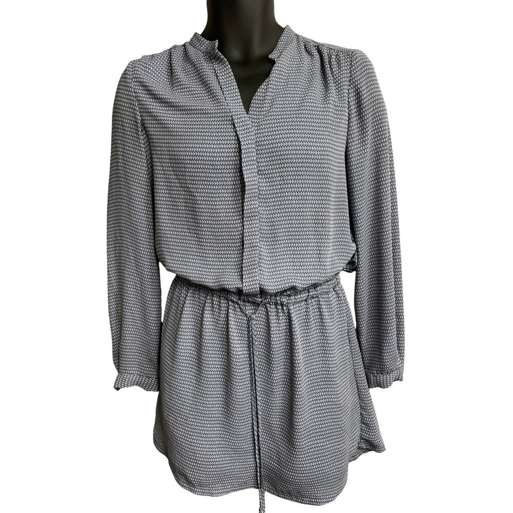 Fleur Bleue Dress XS Blue Micro Pattern Print Long Sleeve V Neck Office Y2K